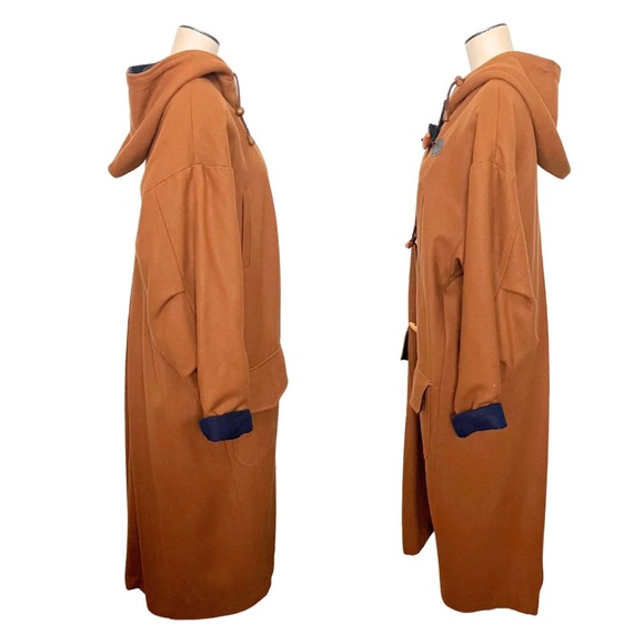 Vintage 1980s 90s Stephanie Mathews Camel Brown and Navy Wool Toggle Coat // S - Picture 5 of 10